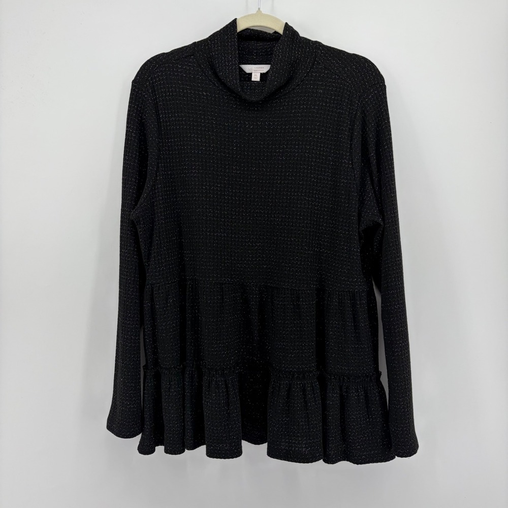 LC Lauren Conrad Womens XL Black Silver Metallic Peplum Mock Neck Top Tiered